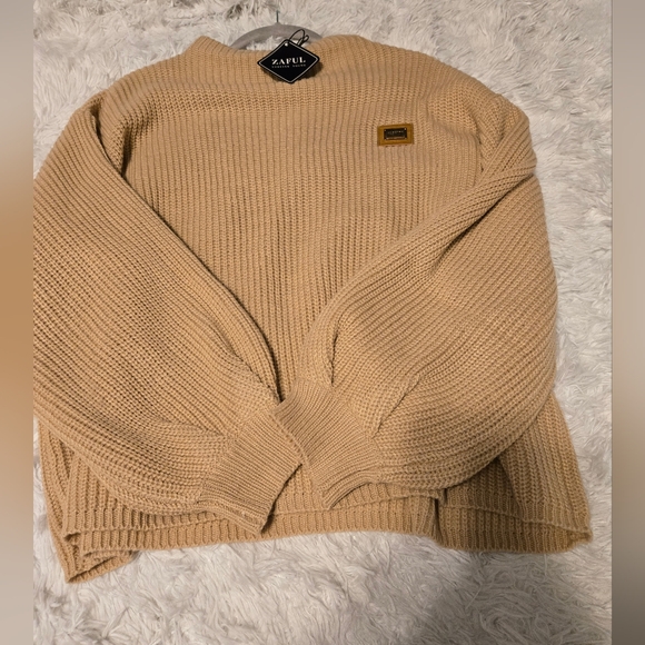 NWT ZAFUL Women's Oversized Crew Neck Lantern Sleeve Sweater One Size Light Brow - Picture 6 of 8